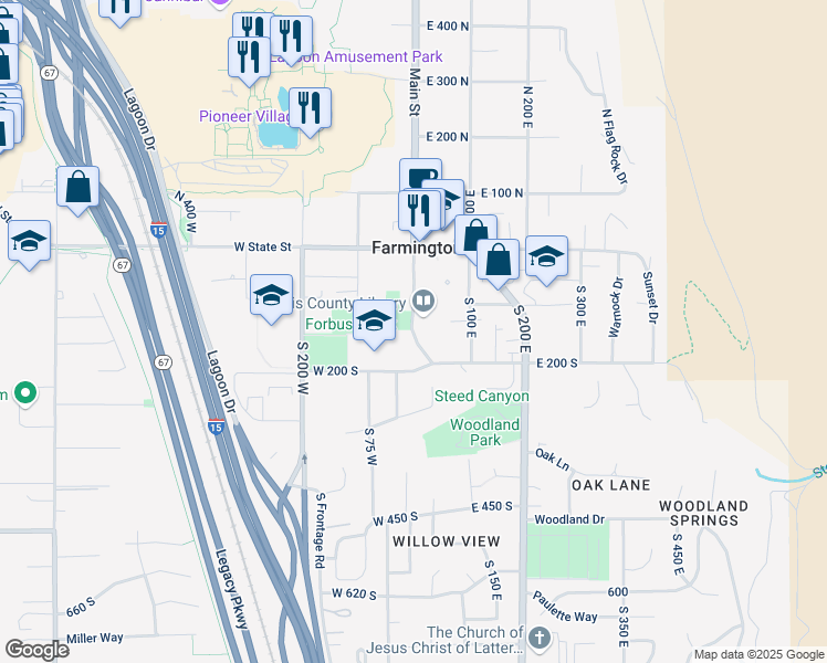 map of restaurants, bars, coffee shops, grocery stores, and more near 160 South Main Street in Farmington
