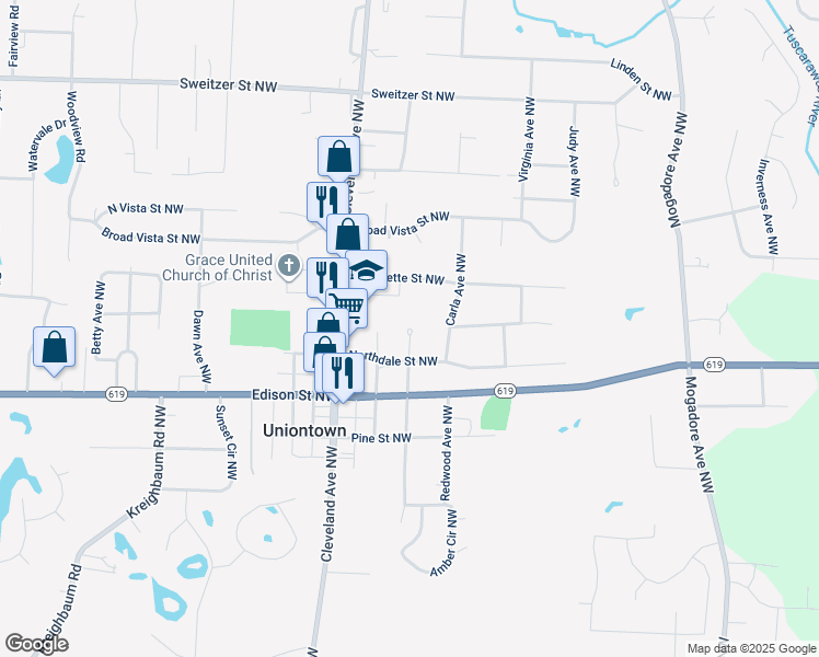 map of restaurants, bars, coffee shops, grocery stores, and more near 13149 Oakwood Avenue Northwest in Uniontown