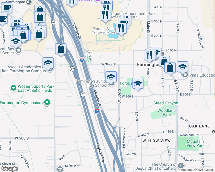 map of restaurants, bars, coffee shops, grocery stores, and more near 150 South 200 West in Farmington