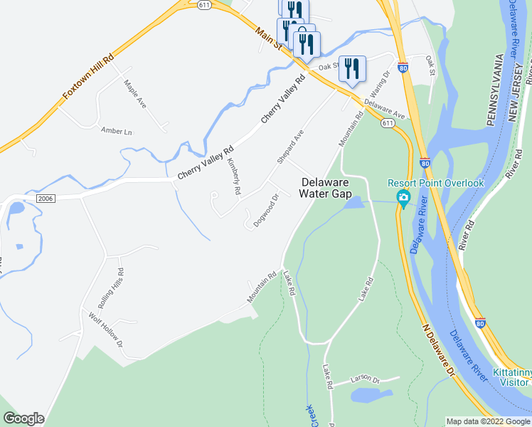map of restaurants, bars, coffee shops, grocery stores, and more near 247 Dogwood Drive in Delaware Water Gap
