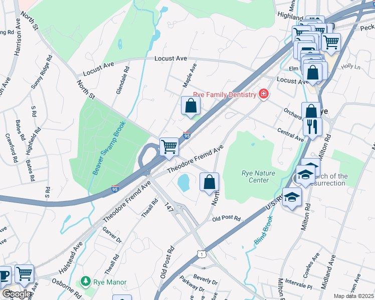 map of restaurants, bars, coffee shops, grocery stores, and more near 250 Theodore Fremd Avenue in Rye