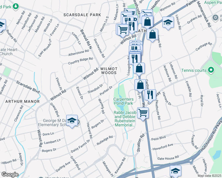 map of restaurants, bars, coffee shops, grocery stores, and more near 72 Baraud Road South in Scarsdale