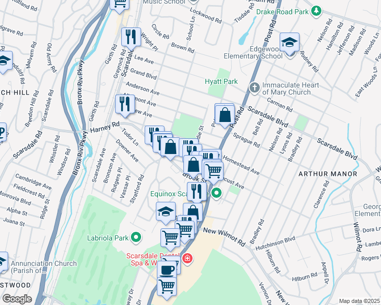 map of restaurants, bars, coffee shops, grocery stores, and more near 151 Montgomery Avenue in Scarsdale
