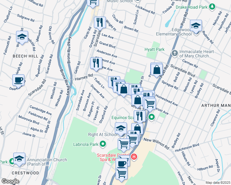 map of restaurants, bars, coffee shops, grocery stores, and more near 96 Brook Street in Scarsdale