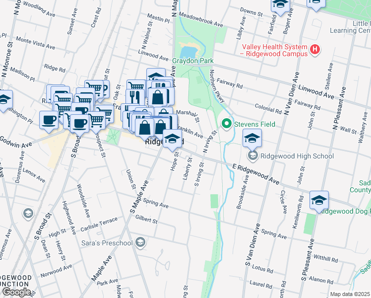 map of restaurants, bars, coffee shops, grocery stores, and more near 333 East Ridgewood Avenue in Ridgewood
