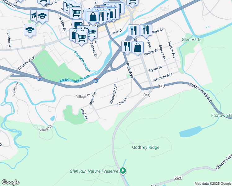 map of restaurants, bars, coffee shops, grocery stores, and more near 728 Clermont Avenue in Stroudsburg