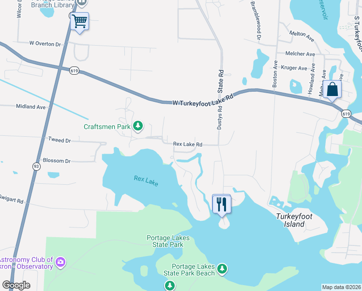 map of restaurants, bars, coffee shops, grocery stores, and more near 763 Rex Lake Road in Akron