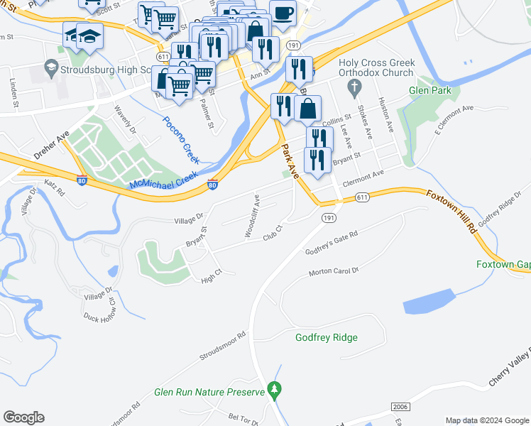 map of restaurants, bars, coffee shops, grocery stores, and more near 404 Woodcliffe Avenue in Stroudsburg