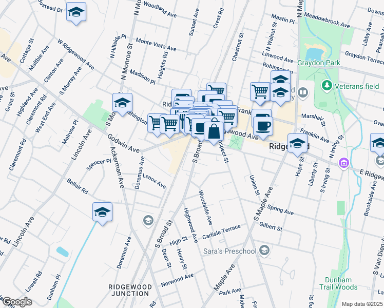 map of restaurants, bars, coffee shops, grocery stores, and more near 100 South Broad Street in Ridgewood