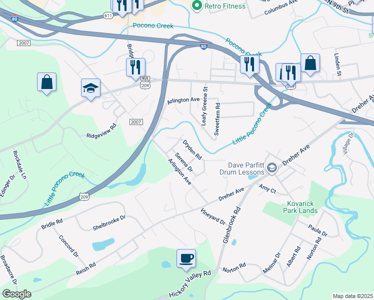 map of restaurants, bars, coffee shops, grocery stores, and more near 227 Dryden Road in Stroudsburg