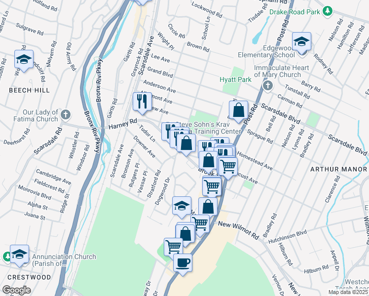 map of restaurants, bars, coffee shops, grocery stores, and more near 121C Montgomery Avenue in Scarsdale