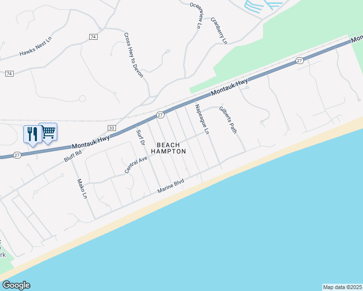 map of restaurants, bars, coffee shops, grocery stores, and more near 53 Devon Road in Montauk