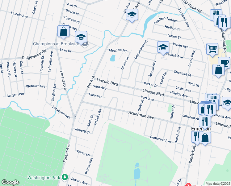 map of restaurants, bars, coffee shops, grocery stores, and more near 233 Park Avenue in Emerson