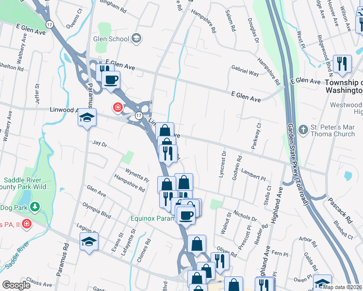 map of restaurants, bars, coffee shops, grocery stores, and more near 805 Minogue Terrace in Paramus