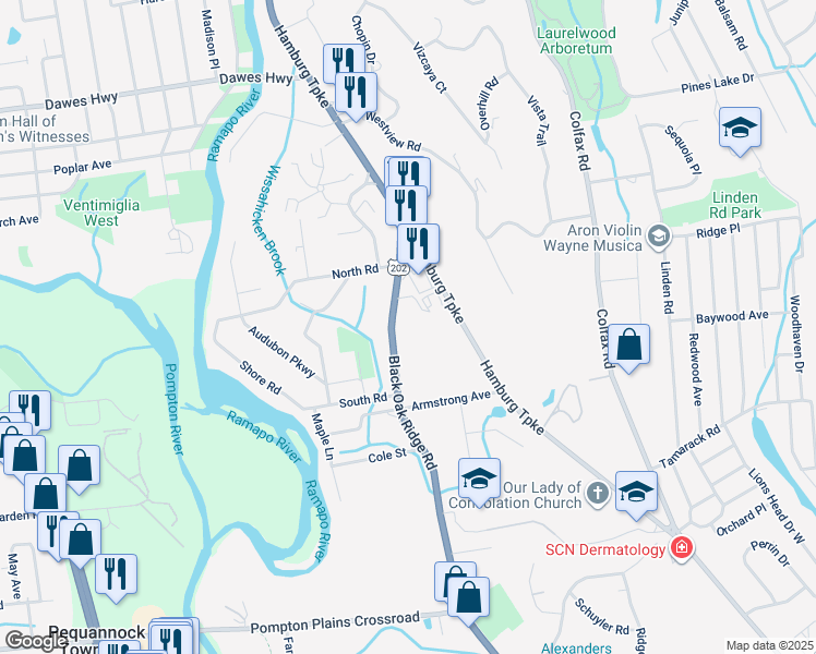map of restaurants, bars, coffee shops, grocery stores, and more near 1140 U.S. 202 in Wayne