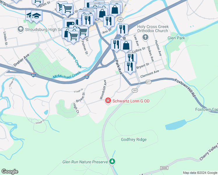 map of restaurants, bars, coffee shops, grocery stores, and more near 728 Clermont Avenue in Stroudsburg