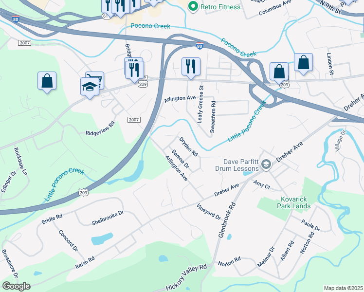 map of restaurants, bars, coffee shops, grocery stores, and more near 227 Dryden Road in Stroudsburg