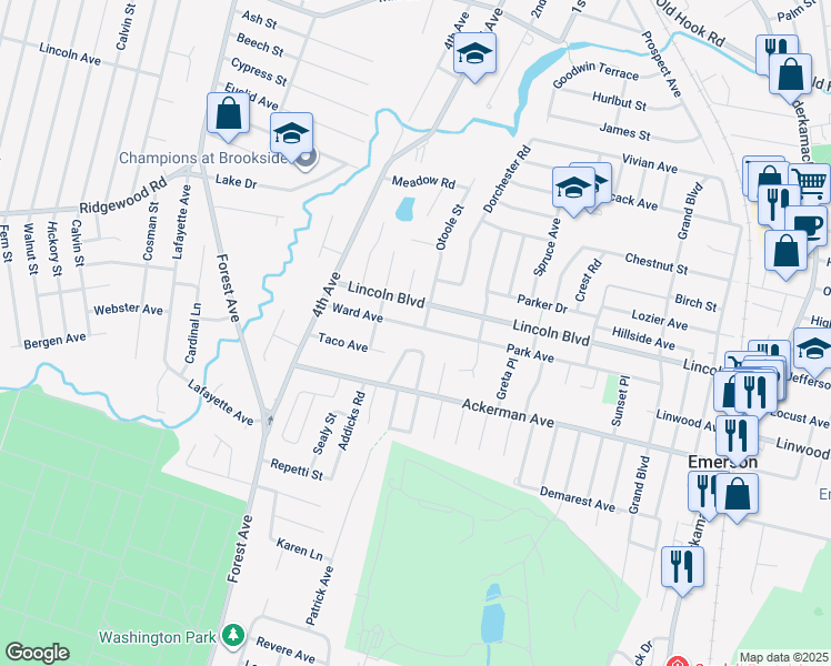 map of restaurants, bars, coffee shops, grocery stores, and more near 233 Park Avenue in Emerson