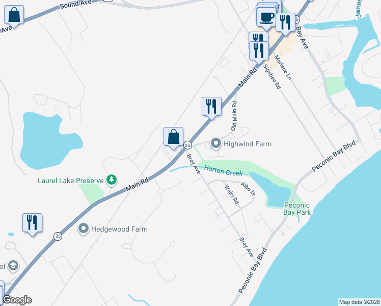 map of restaurants, bars, coffee shops, grocery stores, and more near 7055 Main Road in Mattituck