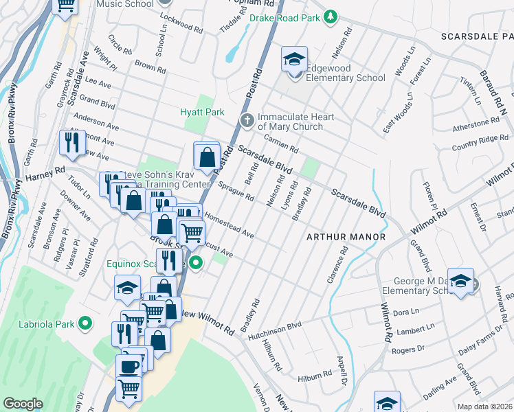 map of restaurants, bars, coffee shops, grocery stores, and more near 30 Sprague Road in Scarsdale