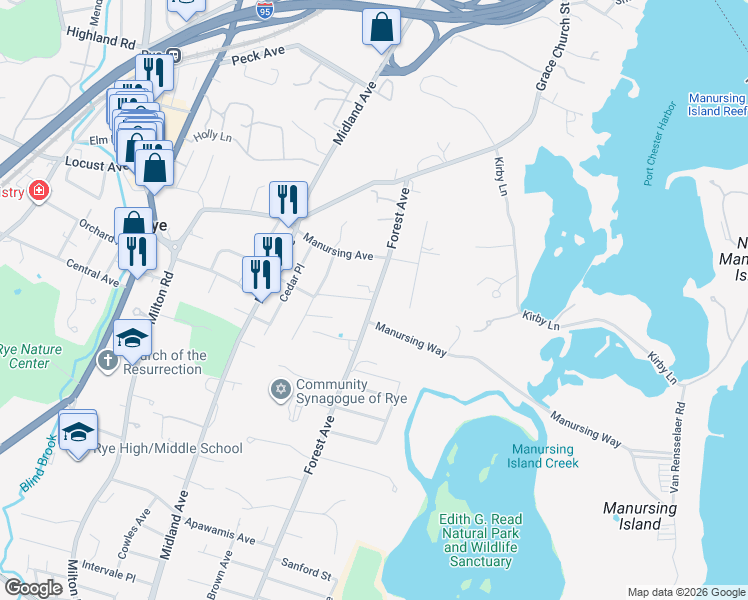 map of restaurants, bars, coffee shops, grocery stores, and more near 16 Maple Dr in Rye