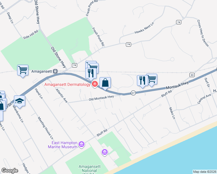 map of restaurants, bars, coffee shops, grocery stores, and more near 541 Montauk Hwy in Southampton
