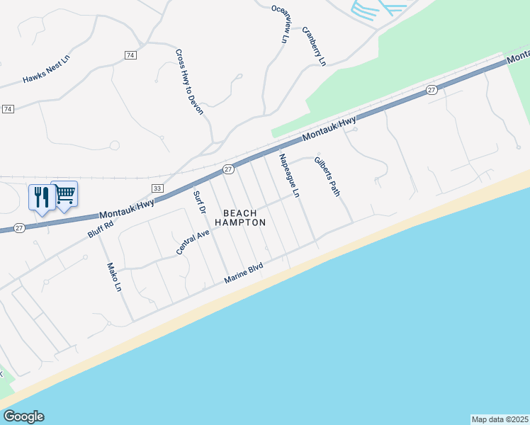 map of restaurants, bars, coffee shops, grocery stores, and more near 25 Central Avenue in Montauk
