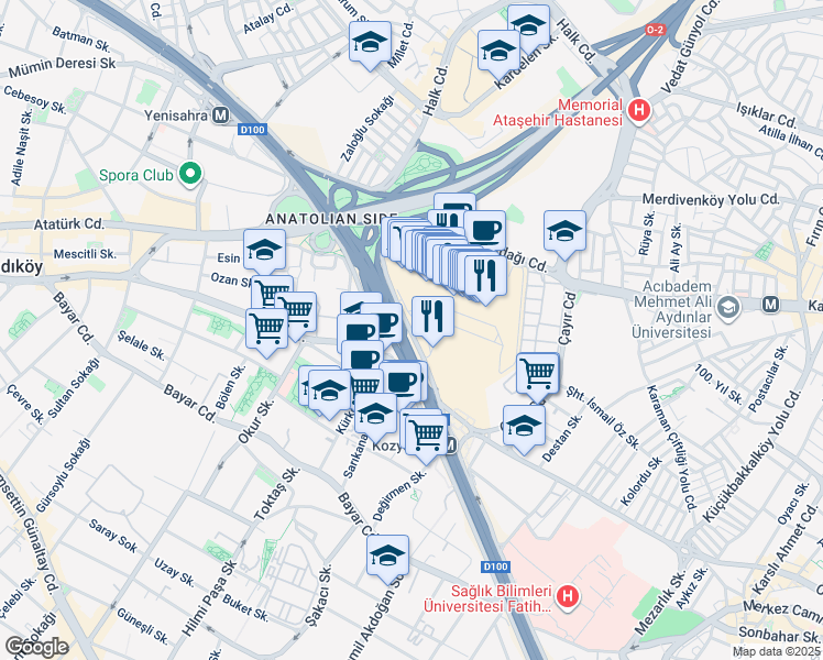 map of restaurants, bars, coffee shops, grocery stores, and more near Kayışdağı Caddesi in İstanbul