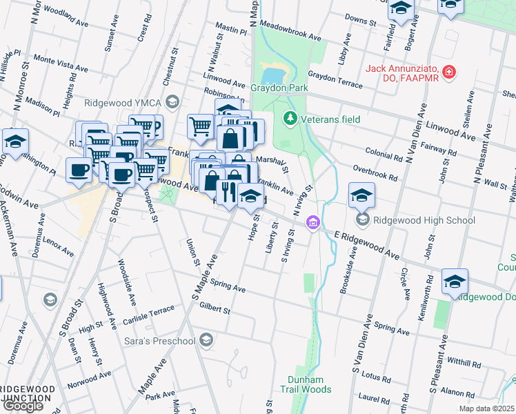 map of restaurants, bars, coffee shops, grocery stores, and more near 333 East Ridgewood Avenue in Ridgewood