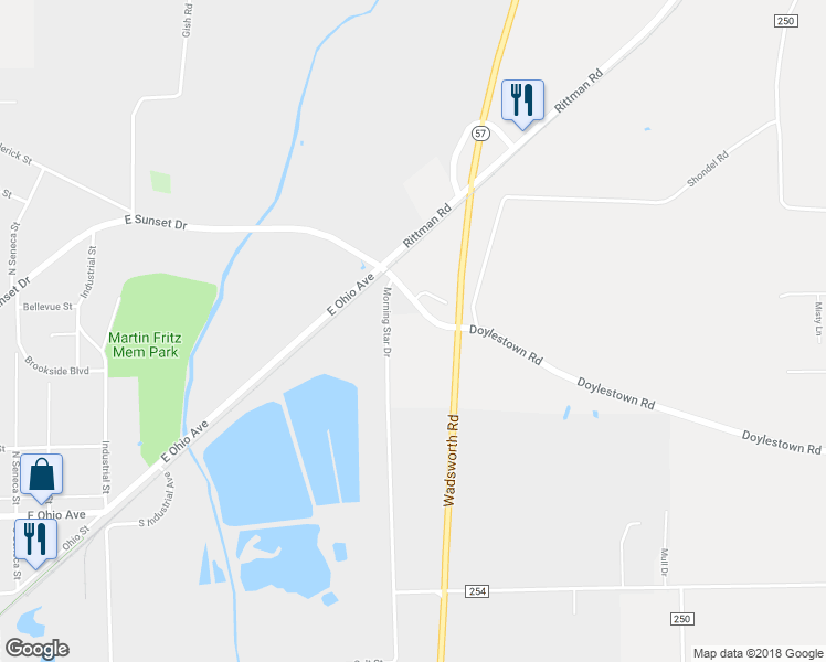map of restaurants, bars, coffee shops, grocery stores, and more near 14655 Shondel Rd in Rittman