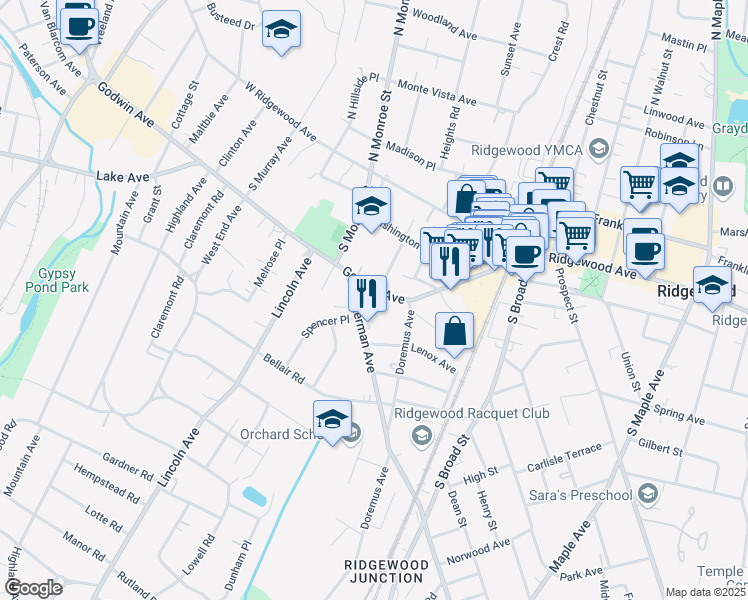map of restaurants, bars, coffee shops, grocery stores, and more near 194 Godwin Avenue in Ridgewood