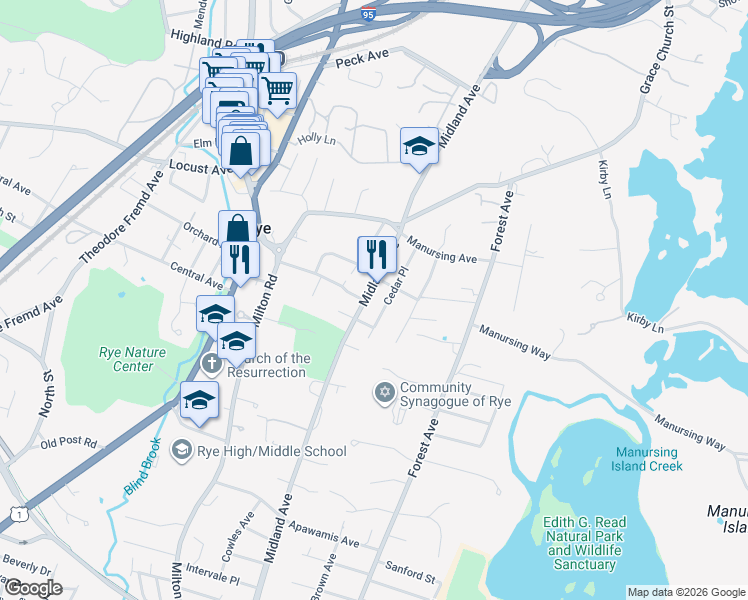 map of restaurants, bars, coffee shops, grocery stores, and more near 378 Midland Avenue in Rye