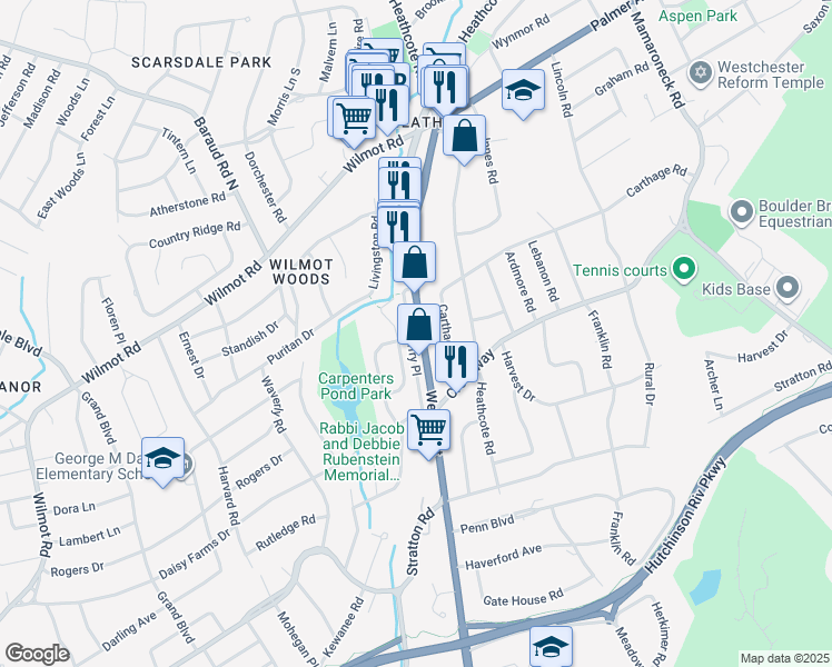 map of restaurants, bars, coffee shops, grocery stores, and more near 1409 Weaver Street in Scarsdale