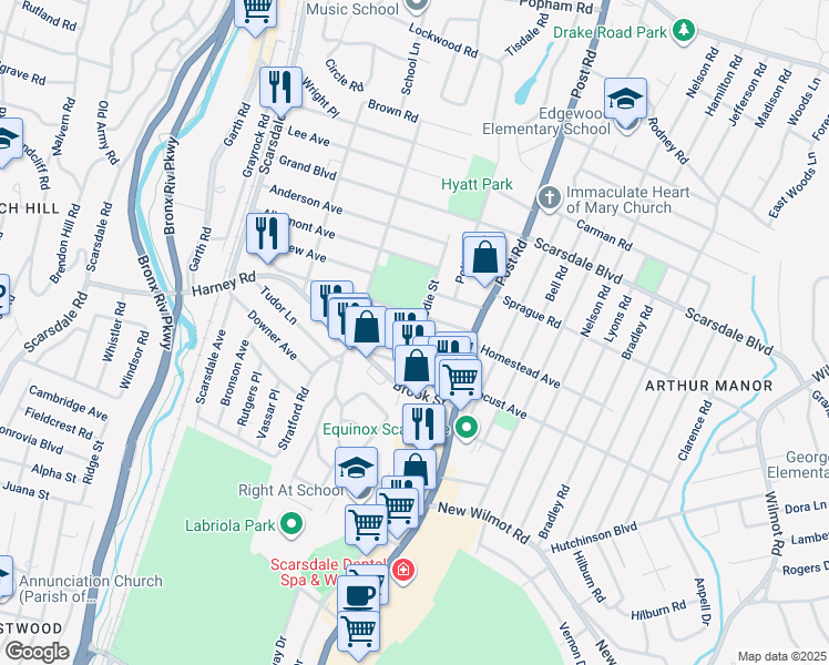map of restaurants, bars, coffee shops, grocery stores, and more near 151 Montgomery Avenue in Scarsdale