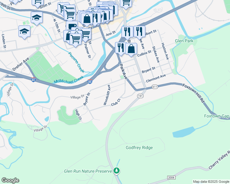 map of restaurants, bars, coffee shops, grocery stores, and more near 728 Clermont Avenue in Stroudsburg
