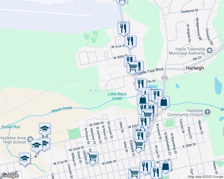 map of restaurants, bars, coffee shops, grocery stores, and more near 610 Hazle Township Boulevard in Luzerne County