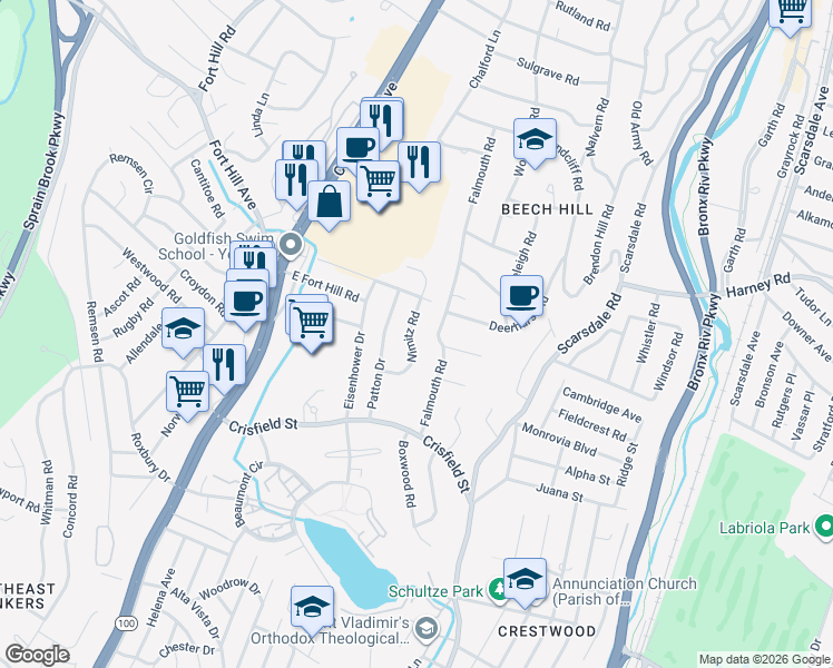 map of restaurants, bars, coffee shops, grocery stores, and more near 55 Nimitz Road in Yonkers