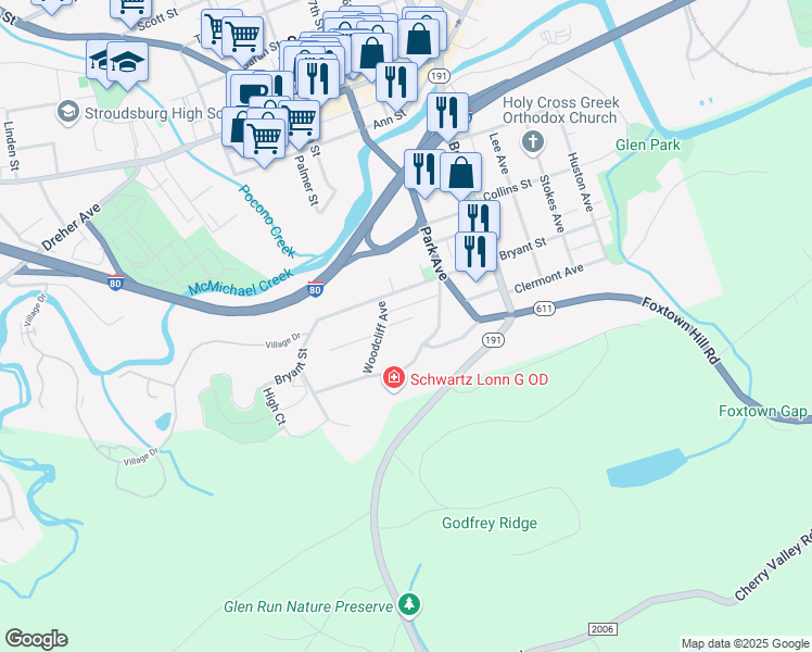 map of restaurants, bars, coffee shops, grocery stores, and more near 733 Clermont Avenue in Stroudsburg