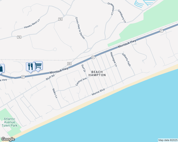 map of restaurants, bars, coffee shops, grocery stores, and more near 25 Surf Drive in Amagansett