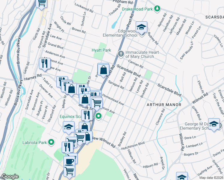 map of restaurants, bars, coffee shops, grocery stores, and more near 145 Bell Road in Scarsdale