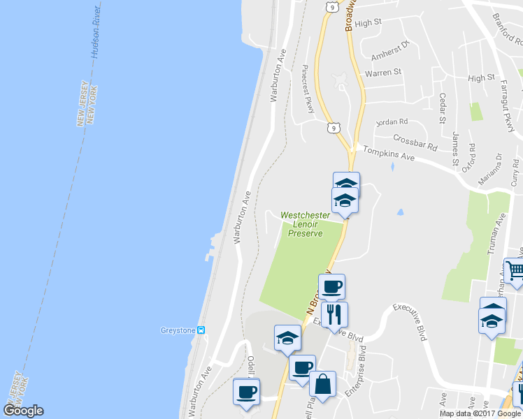 map of restaurants, bars, coffee shops, grocery stores, and more near 1 Riverpointe Road in Hastings-on-Hudson