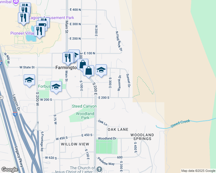 map of restaurants, bars, coffee shops, grocery stores, and more near 136 South 300 East in Farmington