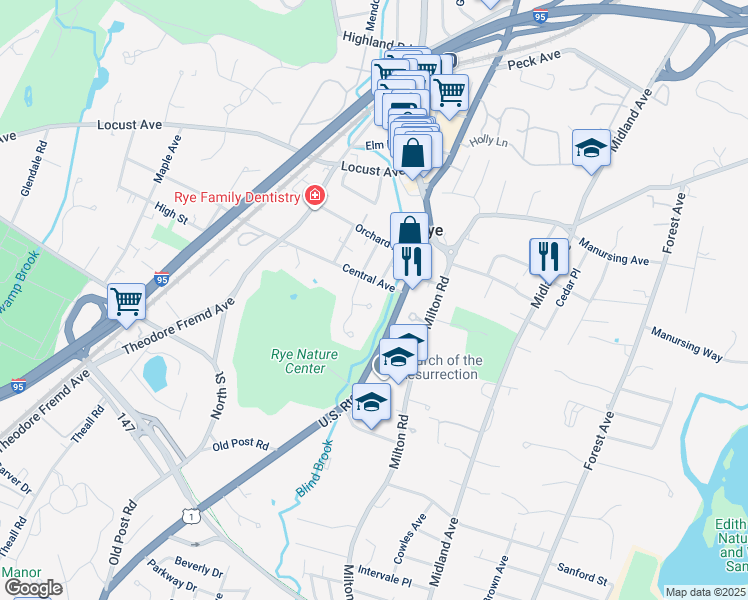 map of restaurants, bars, coffee shops, grocery stores, and more near 5 Barbara Court in Rye