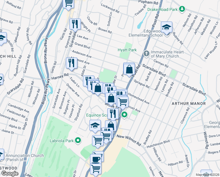 map of restaurants, bars, coffee shops, grocery stores, and more near 151 Montgomery Avenue in Scarsdale