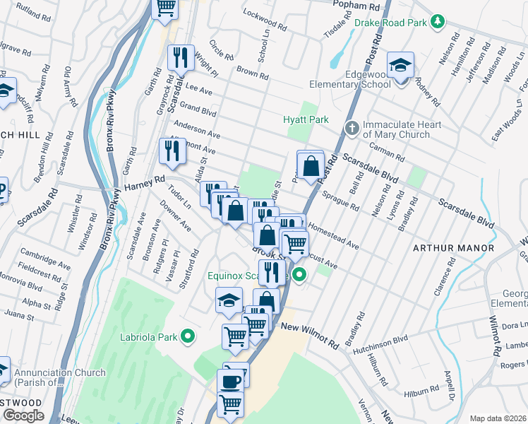 map of restaurants, bars, coffee shops, grocery stores, and more near 151 Montgomery Avenue in Scarsdale