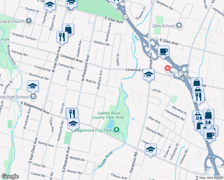 map of restaurants, bars, coffee shops, grocery stores, and more near 687 Eastern Court in Ridgewood