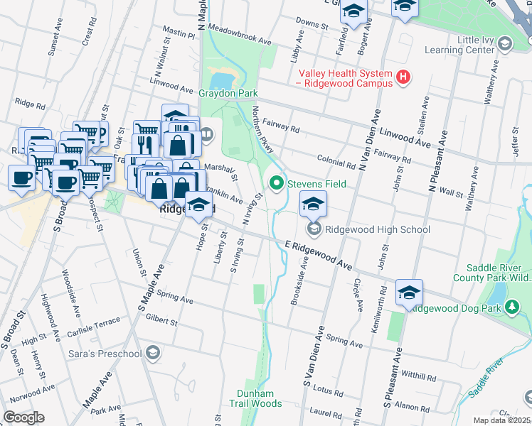 map of restaurants, bars, coffee shops, grocery stores, and more near 29 North Irving Street in Ridgewood
