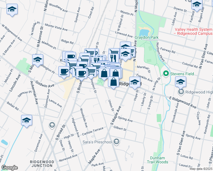 map of restaurants, bars, coffee shops, grocery stores, and more near 159 Dayton Street in Ridgewood