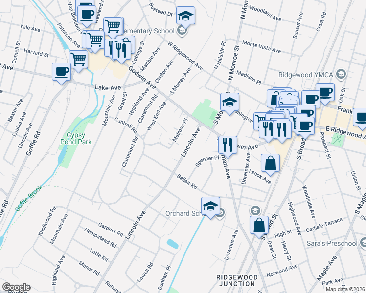 map of restaurants, bars, coffee shops, grocery stores, and more near 152 Lincoln Avenue in Ridgewood