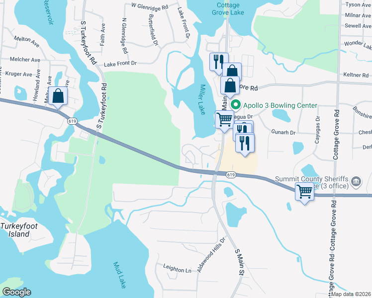 map of restaurants, bars, coffee shops, grocery stores, and more near 25 Starboard Circle in Akron